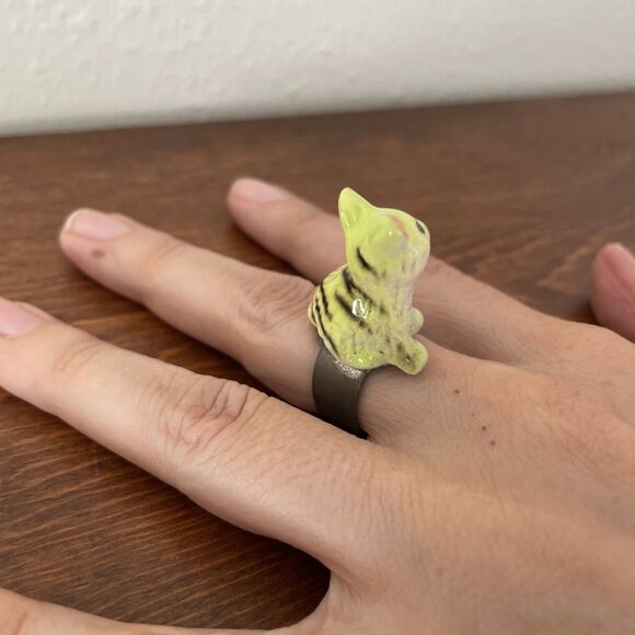 Sad Yellow Tabby Cat Ceramic Ring Grumpy Neon‎ OOAK Adjustable Band Maximalism - Picture 3 of 8